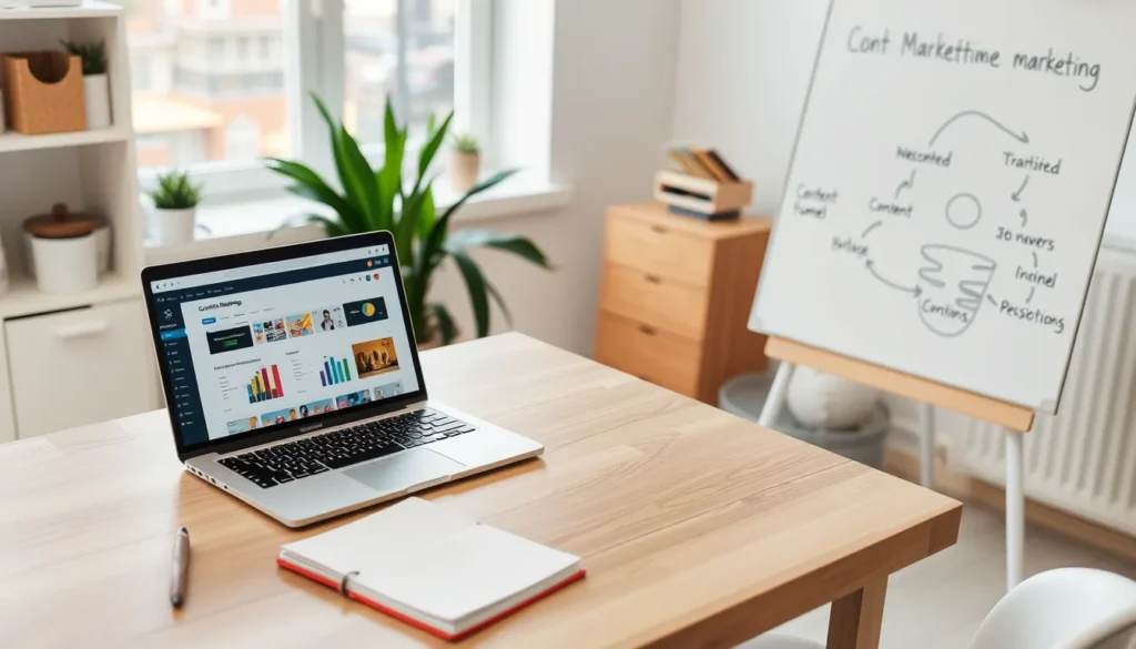 Hand sketching a content funnel on a whiteboard with a laptop showing analytics and a coffee mug.