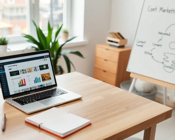 Hand sketching a content funnel on a whiteboard with a laptop showing analytics and a coffee mug.
