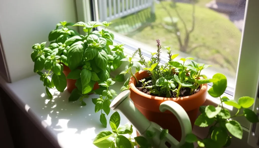 Terracotta pot on windowsill with basil, mint, thyme, green leaves, and a shallow watering can.