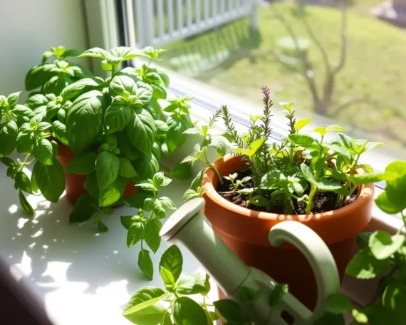 Terracotta pot on windowsill with basil, mint, thyme, green leaves, and a shallow watering can.