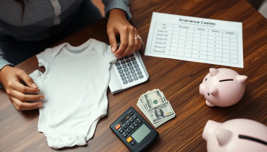 Hands arranging baby onesie, calculator, bills, insurance policy, piggy bank on table with savings chart.