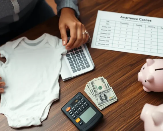 Hands arranging baby onesie, calculator, bills, insurance policy, piggy bank on table with savings chart.