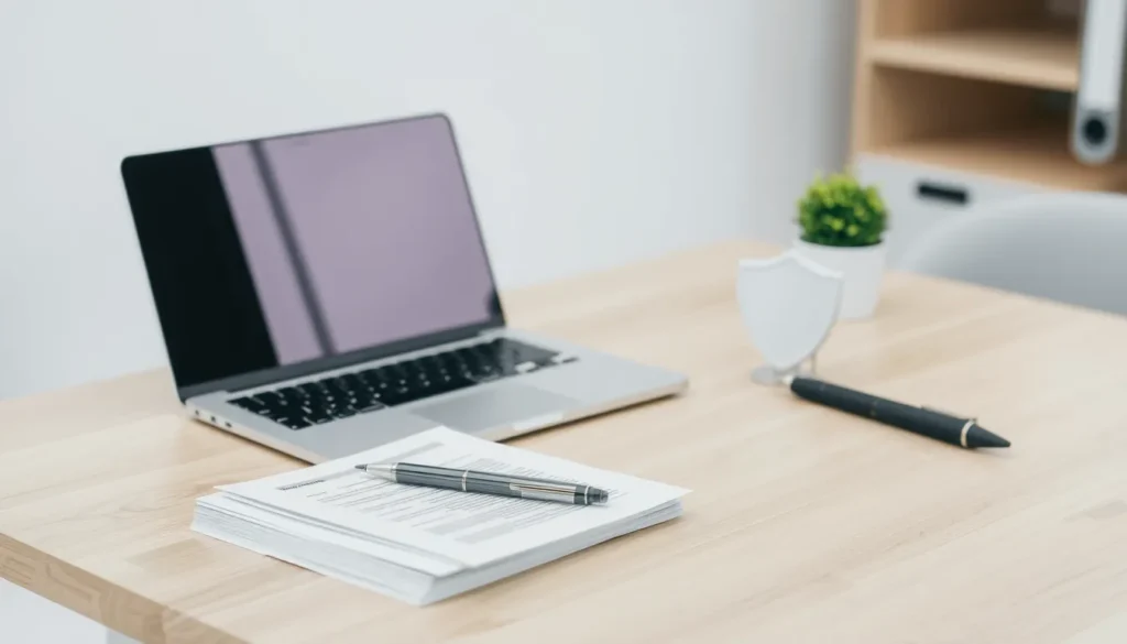 Desk with laptop, papers, pen, plant, and shield icon.